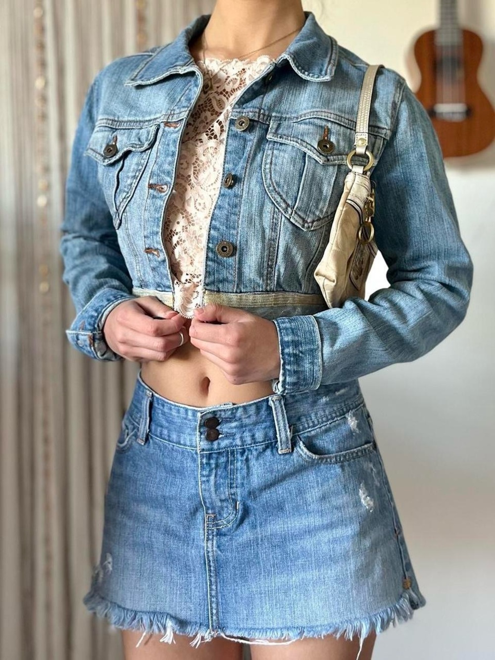 vintage paris blues light wash cropped jean jacket with lace trim